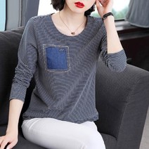 40대50대 미시 중년여성면 긴팔 티셔츠 가을 스트라이프 탑 엄마 옷 선물