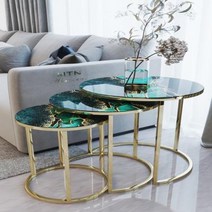 전통찻상 커피 테이블 금 금속 네스팅 녹색 번개 차 서비스 거실 깨지지 않는 유리, 1.gold green black