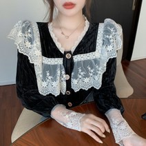 코벨 프랜치 페미닌 청순 여신룩 브이넥 레이스 벨벳 블라우스