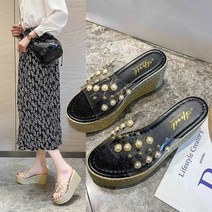 자칠 웨지 슬리퍼 8cm 투명 진주 에스파듀 통굽 샌들