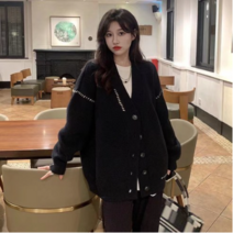 2022더 뉴여성 루즈핏 니트 가디건 봄 가을브이넥 가디건 데일리 빈티지 니트 가디건 예쁜 배색 후리스 니트 코트