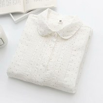 긴소매 상의 여성의류 가을 심플 스윗 학원 무드 도트 러플 거문고 면사 화이트블라우스 2657170953