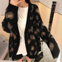 JUST FEEL!NG 가디건 브이넥 오버핏 호피무늬 니트 루즈핏 빅사이즈 스웨터 긴팔 하프 모직 단추 카디건 코트