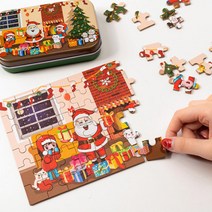 [문구티쳐] 민화샵 크리스마스 틴케이스 퍼즐 60pcs 3종 (휴대용퍼즐 레드학교/블루마을/그린우리집), 민화 크리스마스 틴케이스 퍼즐_그린우리집