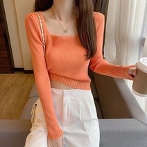 [하나비] 쌔먼 여성 가을 무지 스판 타이트한 짧은 니트 티셔츠