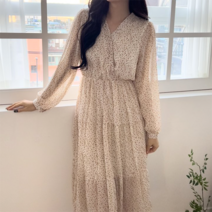 NewCare 여성 브이넥 쉬폰 롱 원피스 주름 플리츠 원피스 봄가을 원피스