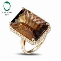토파즈반지 에메랄드 컷 스모키 토파즈 약혼 다이아몬드 반지 14K 옐로우 골드 17.8CT
