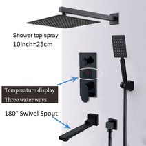 shbshaimy 매트 블랙 led 디지털 디스플레이 샤워 꼭지 세트 8quot 10쿼트 12인용 16 레인 폭포 블랙 욕조 냉온수 믹서 탭, Three ways 10 inch B_10