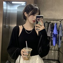 여자 니트 티셔츠 가을 단정 정숙 카라 퍼프 꽈배기 울 블랙 투피스 오프숄더 케이프 블랙