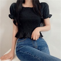 [비위치] 스퀘어넥 스모크 밴딩 프릴 반팔블라우스