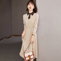 [하나비] 세그먼트 여성 가을 쉬폰 주름 배색 카라 진주 버튼 포인트 원피스