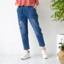 엄마옷마미소 별님청바지 고무줄데님팬츠 스판 연청 자수 캐릭터 배기핏 진청 편한바지 중년옷 빅사이즈