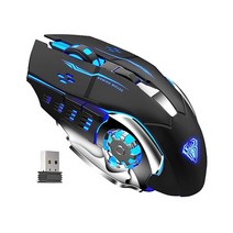 AULA SC100 화이트 무선 마우스 충전식 측면 버튼 LED 백라이트 프로그래밍 가능한 버튼 6개 DPI 조절 가능 노트북 데스크톱용 USB 수신기 포함 2.4G 무, Black