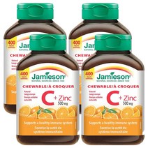 Jamieson 자미에슨 비타민 C   아연 Zinc 500mg 400정-4병(맛있게 씹어먹는 비타민C>면역력 UP!>캐나다 직배송), 4병, 400정