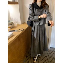모직 투피스 노카라 가디건 플리츠 롱 치마 그레이 셋업