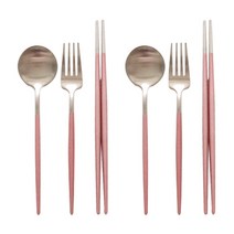 newris 커트러리 양식기 수저 포크 젓가락 2인 세트, 실버 핑크, 숟가락2개 + 포크2개 + 젓가락2개