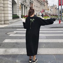 초이앤 리본 맨투맨 캐주얼 기모 라운드 빅 통 일자 롱 원피스 블랙 핑크