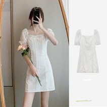 화이트 솔트 스위트 드레스 여성 여름 새로운 스퀘어 칼라 패치 워크 허리 포옹 퍼프 슬리브 달콤한 짧은 드레스 2023