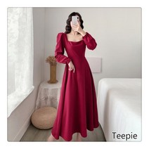 티피 긴팔 드레스 여성 가을과 겨울 스퀘어 칼라 플러스 벨벳베이스 기질 롱 스커트