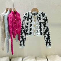 런던 플랏 가르송 니트 여성 패션 빈티지 자카드 금속 버클 어깨 패드 카디건 탑