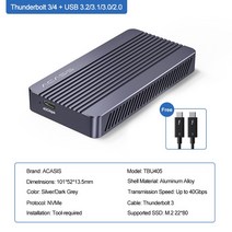 SSD - Acasis-썬더볼트 3 40Gbps M.2 NVME SSD 인클로저 8 테라바이트 투명 USB C 케이스 무료 맥 윈도우, 04 TBU405 Dark Grey, 한개옵션1