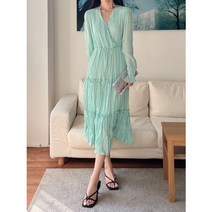 청순 여신 브이넥 주름 쉬폰 캉캉 맥시 롱 원피스 4컬러
