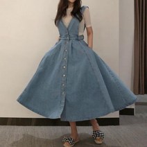 브이넥 플레어스커트 연청 데님 원피스 스트랩 롱