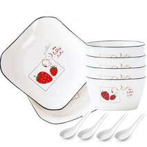 Pengjing 노르딕 스타일 세라믹 식기 세트, 공기 x 4개 + 스푼 x 4개 + 접시 x 2개, 딸기