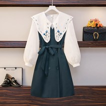 빅사이즈 여성복 2022 봄옷 뚱뚱한 여동생 캐주얼 셔츠 블라우스 베스트 멜빵 원피스 투피스