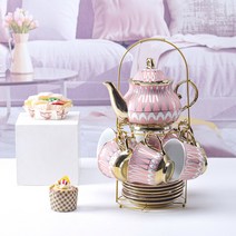 RichMagic 13PS 세라믹 도금 커피포트 컵접시 북유럽 럭셔리 커피컵접시 티포트세트 커피포트1개+커피컵6개+접시6개+수납 선반, 붉은색