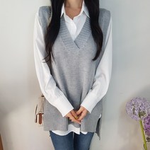상상그이상 여성용 롱 브이넥 니트조끼 빅사이즈 루즈핏 베스트 부드러운 필수 블라우스 코디세트 구김없는 가벼운 캐주얼 풀오버 셔츠 레이어드 민소매 롱니트 조끼세트