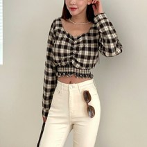 크롭블라우스 가을 여성 체크 셔링 긴팔 데일리 블라우스