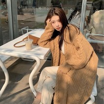 런메시 Runmecy 여성 가을 겨울 루즈핏 솔리드 꽈배기 니트 롱 가디건