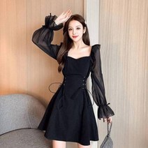 셀프 웨딩드레스 셀프웨딩 화이트 드레스 레트로 고딕 러플 퍼프 슬리브 롱 여성용 블랙 슬림 허리 밴디지 패션 봄 가을