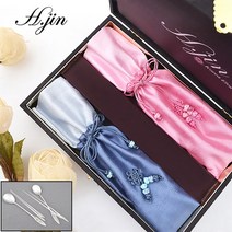 [라몽] H.jin 로망스 상감 은수저세트 2인 (선물 포장) 집들이 결혼 신혼 생일 생신 퇴직 퇴임 단체 기념품 답례품, 1세트, 은수저 2인용 +비단주머니 2p + 정품케이스