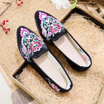 Veowalk Handmade Wommen 봄 아름다운 민속 자수 발레 플랫 여성 컴포트 소프트 캔버스 Old Peking Flat Sh