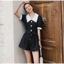 Momolatti 정장 반팔 카라 포켓 버튼 넓적다리 점프수트