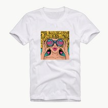 빅사이즈 남여공용 M~4XL 와우걸 레터링 프린팅 그래픽 반팔 티셔츠 커플티