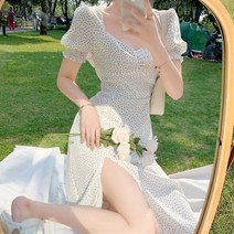 트루픽 미니 도트 옆트임 셔링 롱 원피스 슬림핏 반팔 퍼프 주름