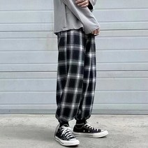 남성용 느슨한 캐주얼 스포츠 바지 체크 무늬 바지 봄과 가을 스트레이트 와이드 레그 팬츠