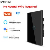 smatrul tuya wifi smart touch switch light brazil no neutral wire 110v 220v 1234 gang rf remote on o, 블랙 1 갱 와이파이