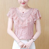 kirahosi 지디 5 레이스 블라우스 여름 여성 반팔 블라우스 여자 루즈핏 빅사이즈 상의 206 CHxvg6y
