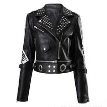 여자가죽자켓 숏 크롭 블랙 레더 라이더 자켓 스터드 징 프린트