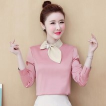 봄 새 여성 시뮬레이션 실크 긴 소매 쉬폰 블라우스 우아한 새틴 활 금속 버클 기질 여성 셔츠 blusas 8109