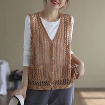 제이제이헤라 여성용 브이넥 루즈핏 펀칭 뜨게 조끼 가디건 V-23