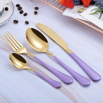 수입 커트러리 북유럽 수저 세트 골드 스푼 나이프 세트 칼 웨딩 식기 포크 여행 드롭 배송, 20 purple gold