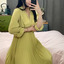 당일발송- 브이넥 카라 쉬폰 롱 플리츠 원피스
