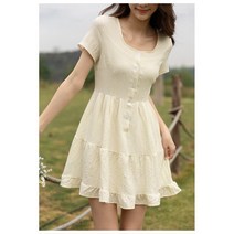 잇츠스타일 스퀘어 라운드넥 연노랑 버터 반팔 쉬폰 미니원피스