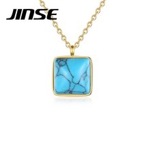 터키석목걸이 원석 스테인레스 스틸 스퀘어 청록색 펜던트 목걸이 여성용 패션 쥬얼리 골드