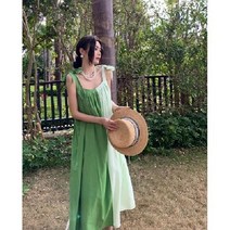 시원한 여행원피스 배색 민소매 휴가 롱원피스